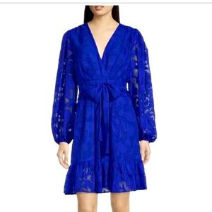 NEW Alex Marie Long Sleeve Tie Waist V-Neck Tiered Hem Burnout A-Line Dress 14.